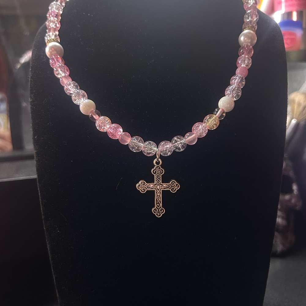 Elegant Pink Beaded Necklace with Cross Pendant Matching set